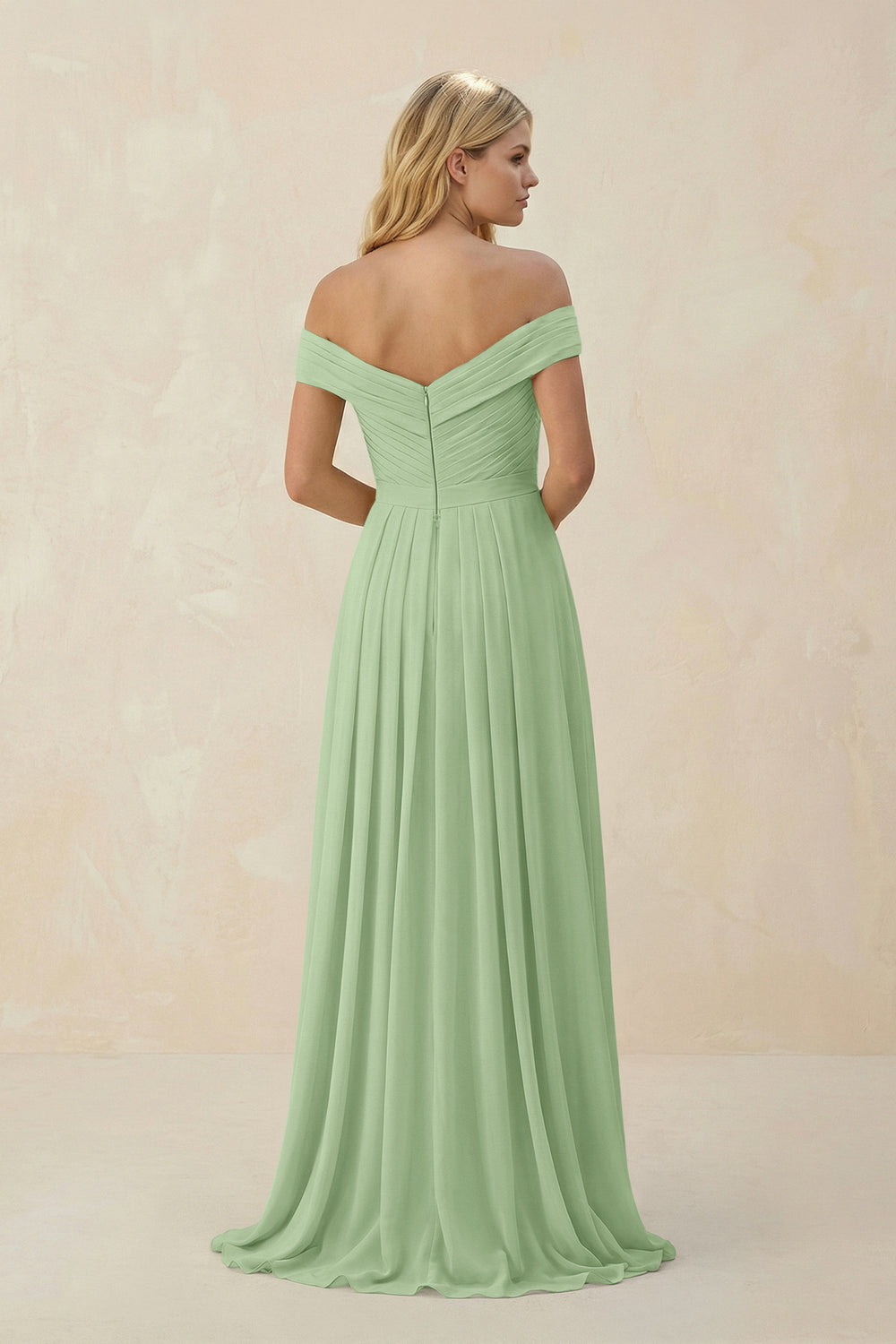 Off-the-Shoulder Pleated A-Line Chiffon Bridesmaid Dress in Matcha