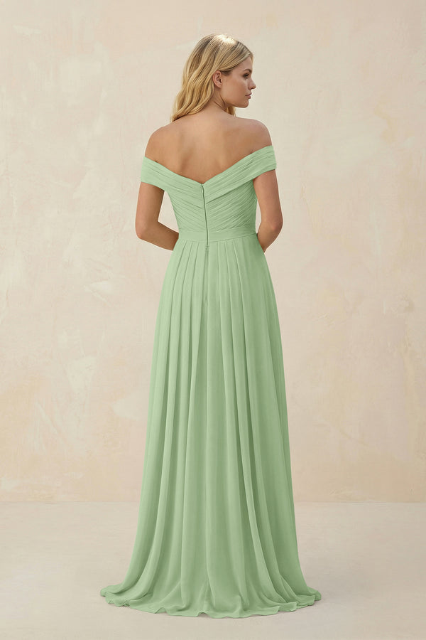 Matcha Off-the-Shoulder Pleated A-Line Chiffon Bridesmaid Dress (2) | KISSBRIDAL