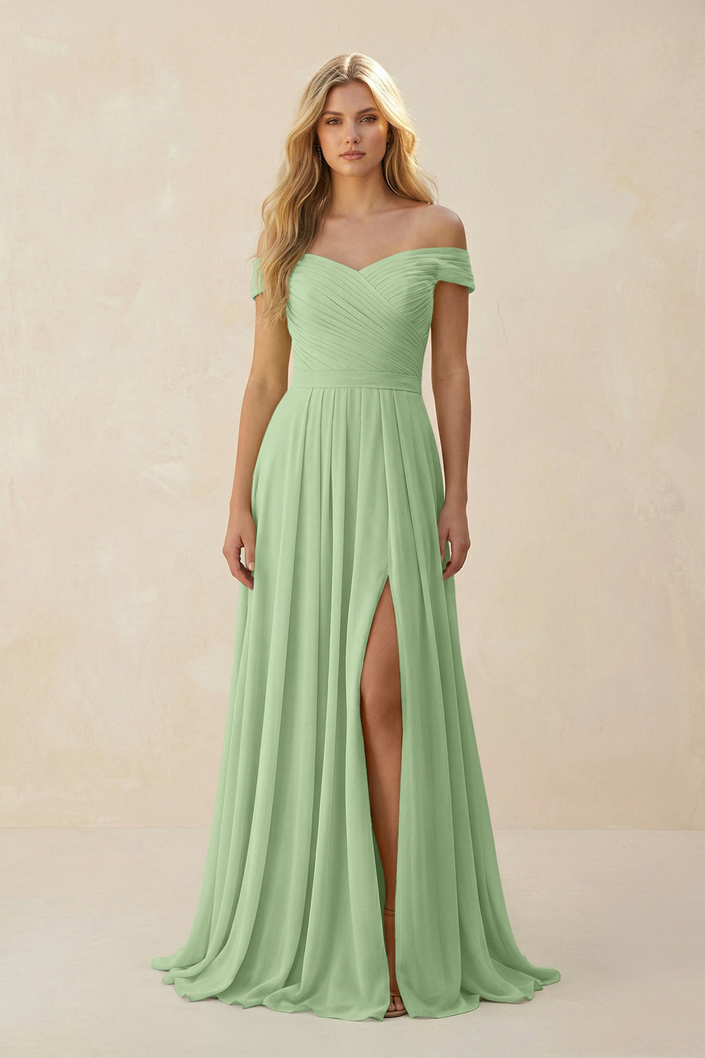 Off-the-Shoulder Pleated A-Line Chiffon Bridesmaid Dress in Matcha