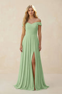 Matcha Off-the-Shoulder Pleated A-Line Chiffon Bridesmaid Dress | KISSBRIDAL