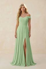 Matcha Off-the-Shoulder Pleated A-Line Chiffon Bridesmaid Dress | KISSBRIDAL