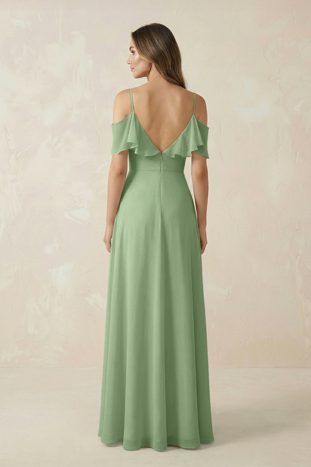 Off-the-Shoulder Ruffled A-Line Chiffon Bridesmaid Dress in Matcha