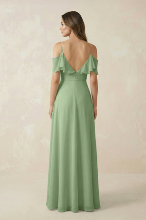 Matcha Off-the-Shoulder Ruffled A-Line Chiffon Bridesmaid Dress (2) | KISSBRIDAL