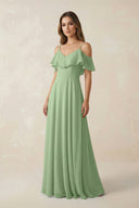 Matcha Off-the-Shoulder Ruffled A-Line Chiffon Bridesmaid Dress | KISSBRIDAL