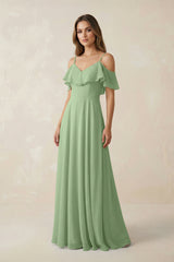 Matcha Off-the-Shoulder Ruffled A-Line Chiffon Bridesmaid Dress | KISSBRIDAL