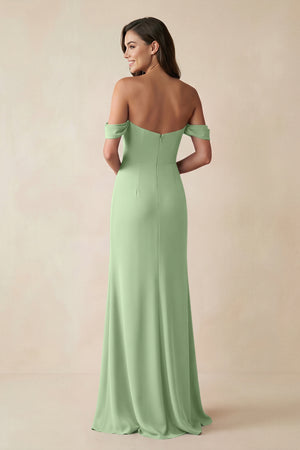Matcha Off-the-Shoulder Sheath Bridesmaid Dress with Slit (2) | KISSBRIDAL