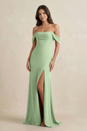 Matcha Off-the-Shoulder Sheath Bridesmaid Dress with Slit | KISSBRIDAL
