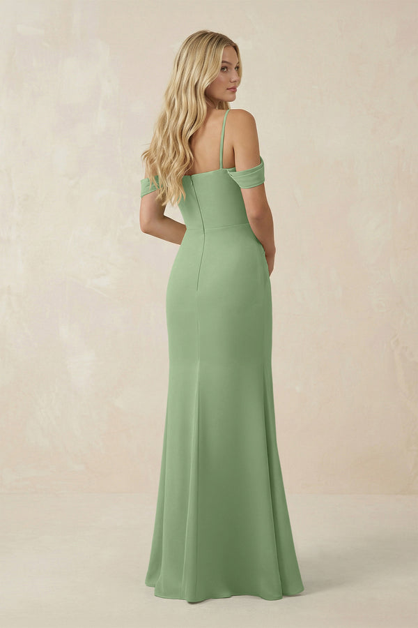 Matcha Off-the-Shoulder Sheath Chiffon Ruched Bridesmaid Dress (2) | KISSBRIDAL