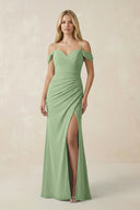 Matcha Off-the-Shoulder Sheath Chiffon Ruched Bridesmaid Dress | KISSBRIDAL