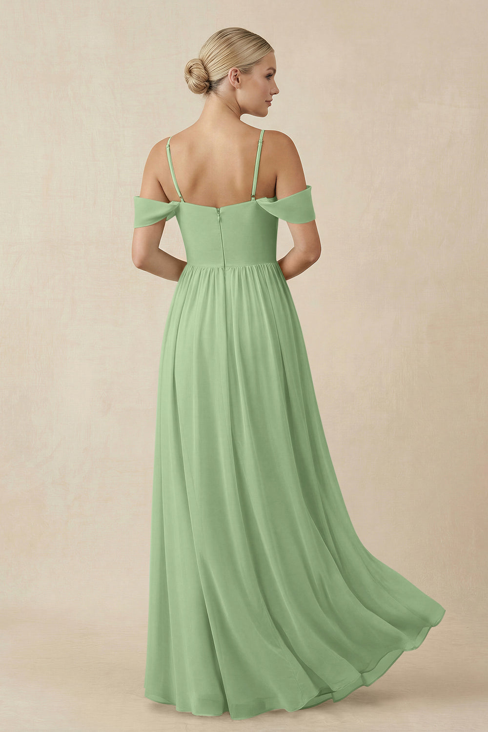 Off-the-Shoulder Sweetheart A-Line Chiffon Bridesmaid Dress in Matcha