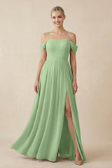 Matcha Off-the-Shoulder Sweetheart A-Line Chiffon Bridesmaid Dress | KISSBRIDAL