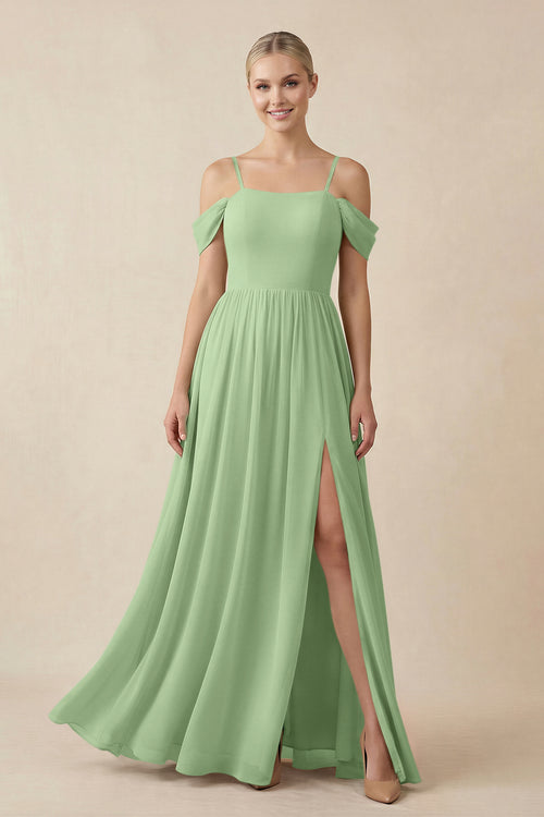 Matcha Off-the-Shoulder Sweetheart A-Line Chiffon Bridesmaid Dress | KISSBRIDAL