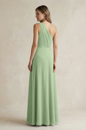 Matcha One-Shoulder Chiffon A-Line Bridesmaid Dress With Slit (2) | KISSBRIDAL