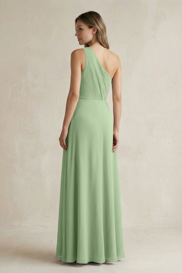 Matcha One-Shoulder Chiffon A-Line Bridesmaid Dress With Slit (2) | KISSBRIDAL