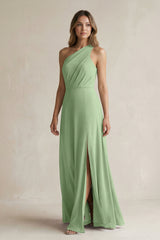 Matcha One-Shoulder Chiffon A-Line Bridesmaid Dress With Slit | KISSBRIDAL