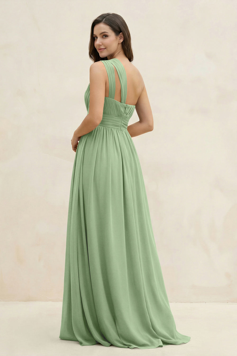 One-Shoulder Pleated A-Line Chiffon Bridesmaid Dress in Matcha