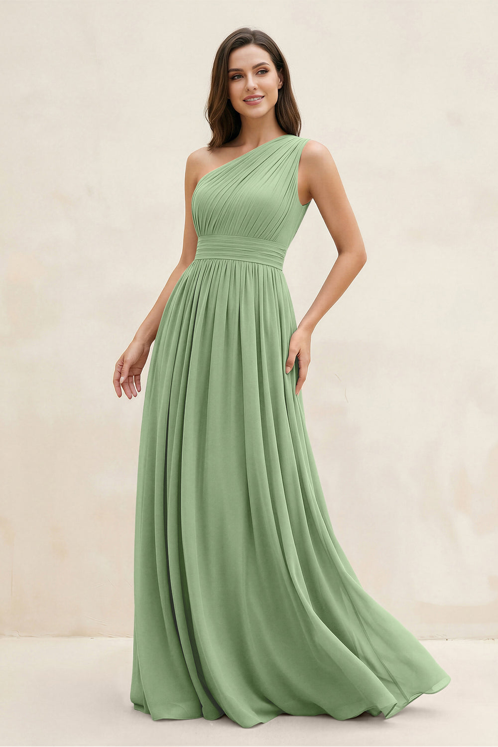 One-Shoulder Pleated A-Line Chiffon Bridesmaid Dress in Matcha