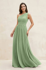 Matcha One-Shoulder Pleated A-Line Chiffon Bridesmaid Dress | KISSBRIDAL