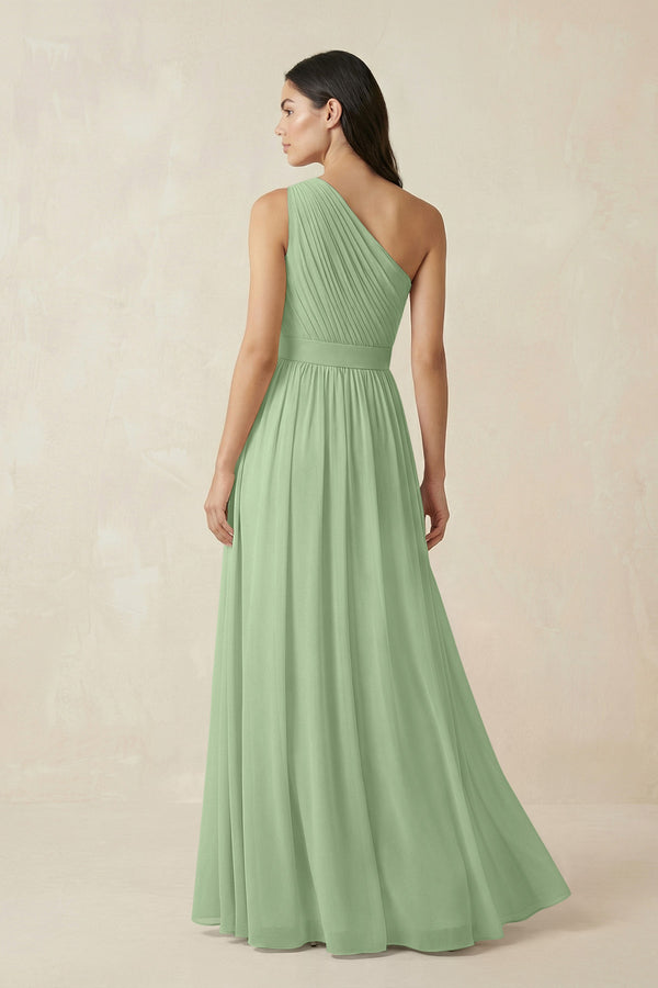 Matcha One-Shoulder Pleated Chiffon Bridesmaid Gown (2) | KISSBRIDAL