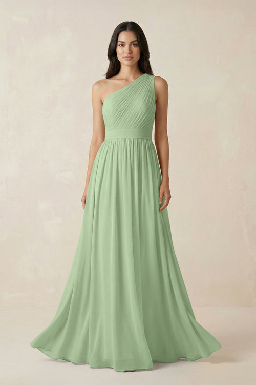 Matcha One-Shoulder Pleated Chiffon Bridesmaid Gown | KISSBRIDAL