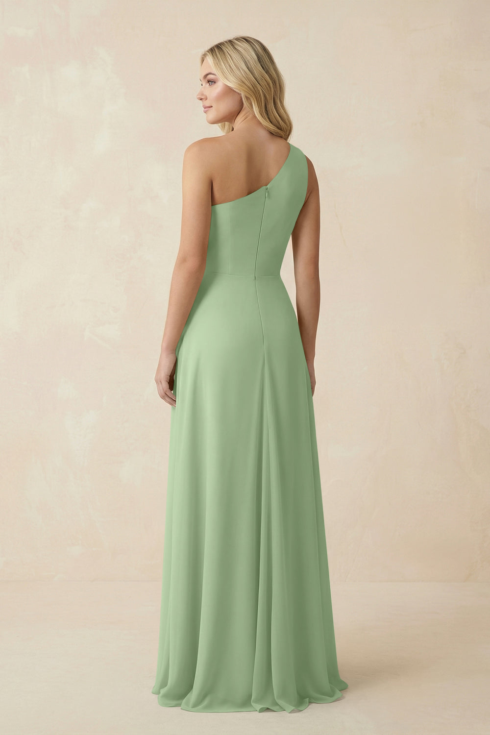One-Shoulder Ruched A-Line Chiffon Bridesmaid Dress in Matcha