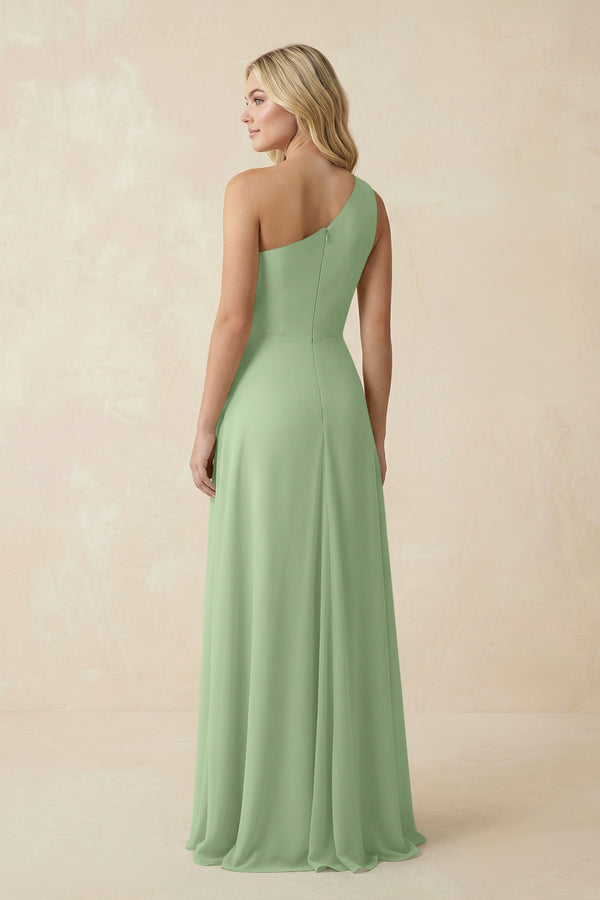 Matcha One-Shoulder Ruched A-Line Chiffon Bridesmaid Dress (2) | KISSBRIDAL