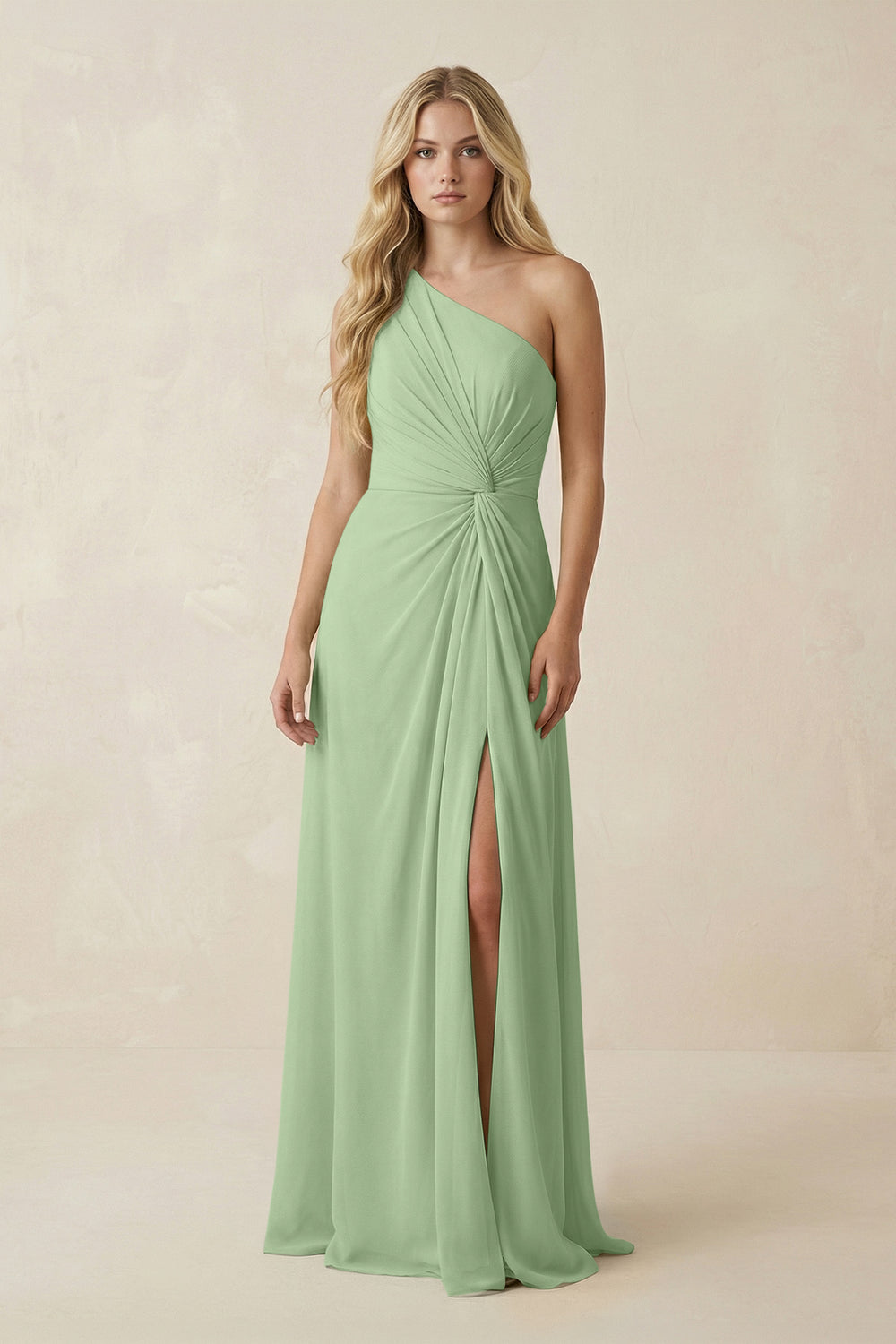 One-Shoulder Ruched A-Line Chiffon Bridesmaid Dress in Matcha