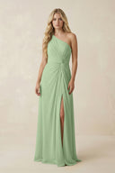 Matcha One-Shoulder Ruched A-Line Chiffon Bridesmaid Dress | KISSBRIDAL
