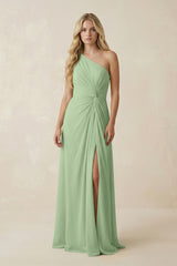 Matcha One-Shoulder Ruched A-Line Chiffon Bridesmaid Dress | KISSBRIDAL