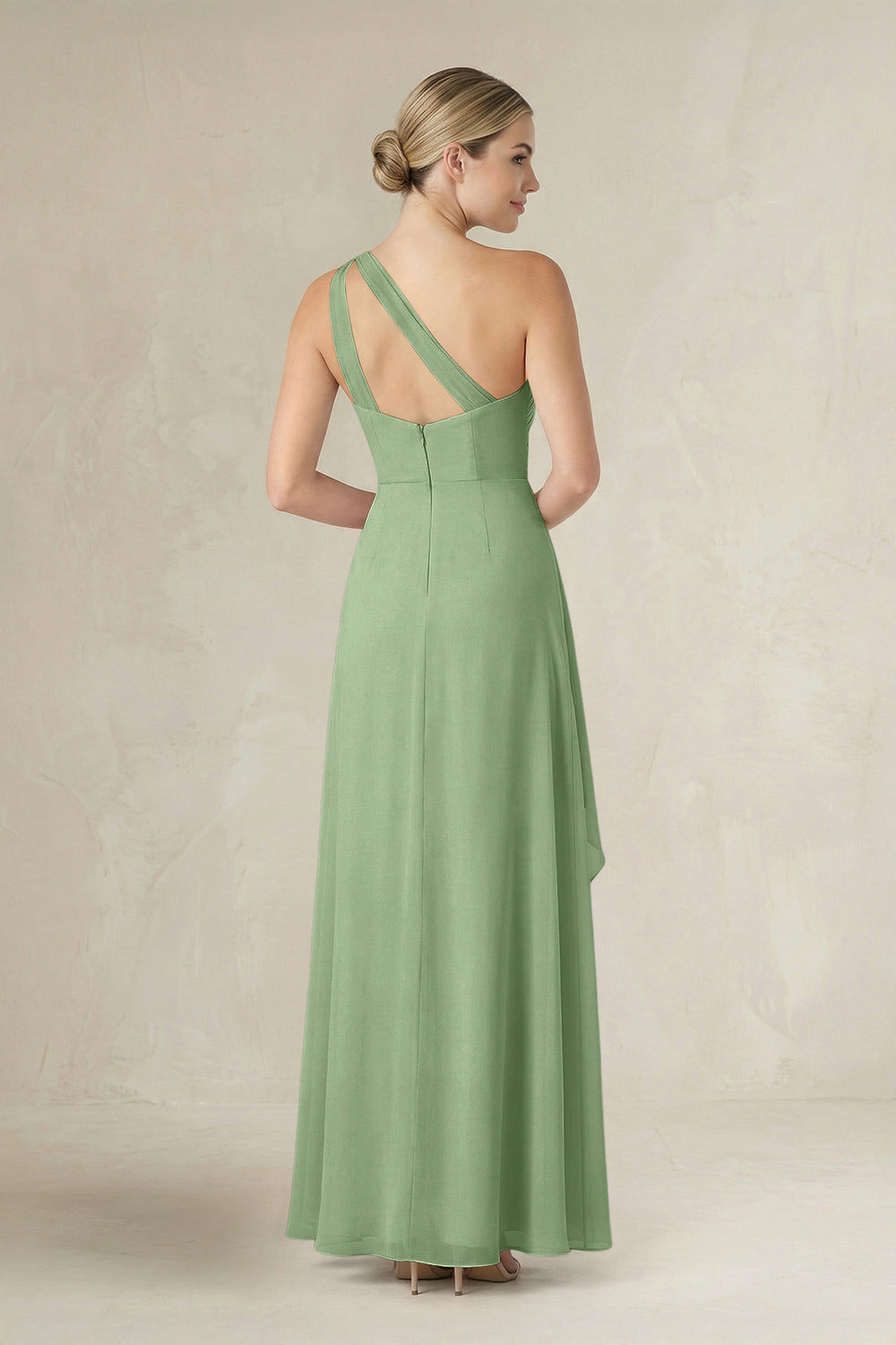 One-Shoulder Sheath Ruched Ruffled Bridesmaid Dress in Matcha