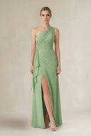 Matcha One-Shoulder Sheath Ruched Ruffled Bridesmaid Dress in Matcha | KISSBRIDAL