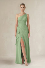 Matcha One-Shoulder Sheath Ruched Ruffled Bridesmaid Dress in Matcha | KISSBRIDAL