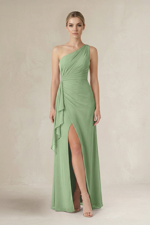 Matcha One-Shoulder Sheath Ruched Ruffled Bridesmaid Dress in Matcha | KISSBRIDAL