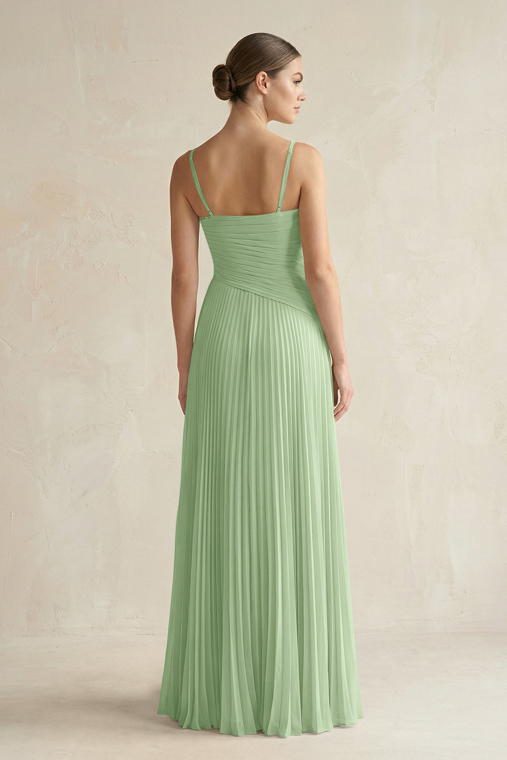 Pleated A-Line Long Chiffon Bridesmaid Dress in Matcha