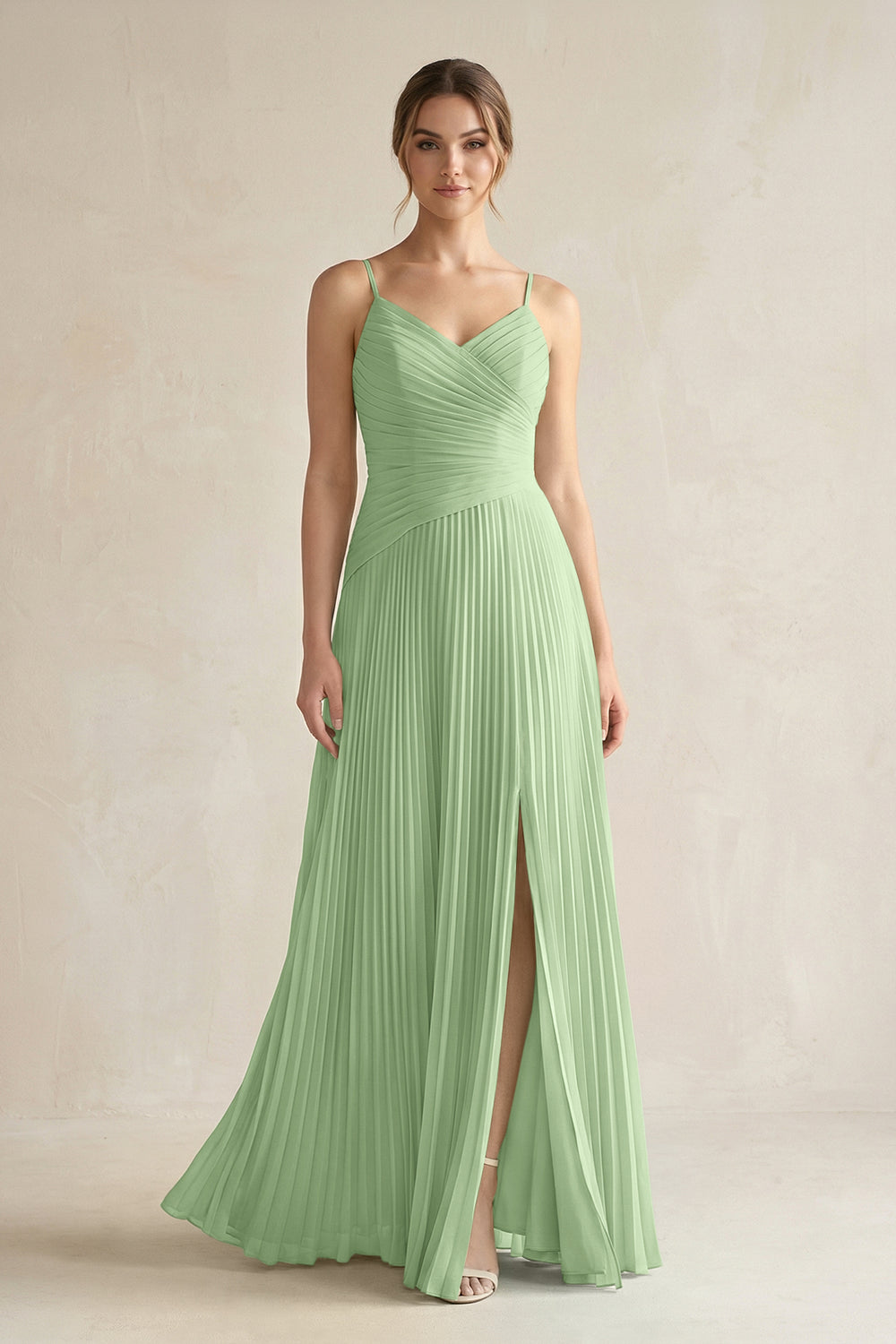 Pleated A-Line Long Chiffon Bridesmaid Dress in Matcha
