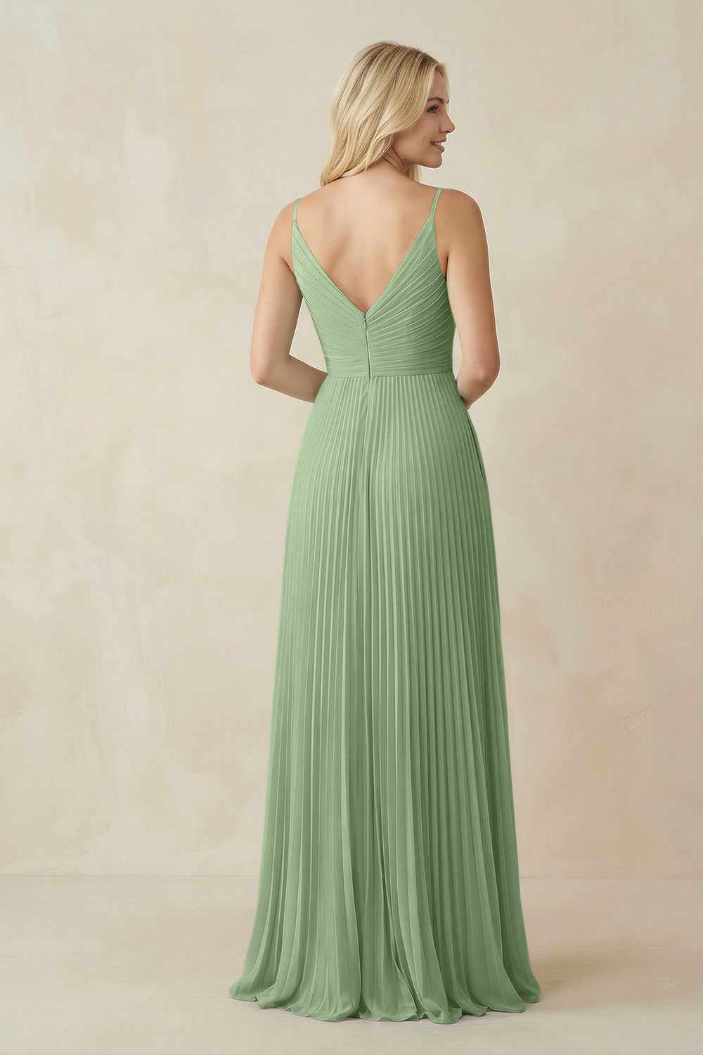 Pleated V-Neck A-Line Chiffon Bridesmaid Dress in Matcha
