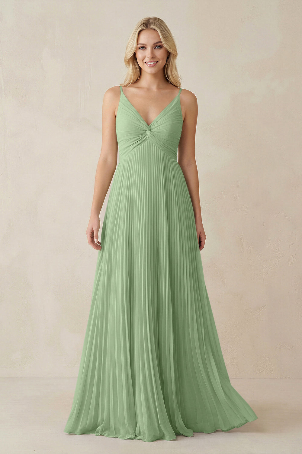 Pleated V-Neck A-Line Chiffon Bridesmaid Dress in Matcha