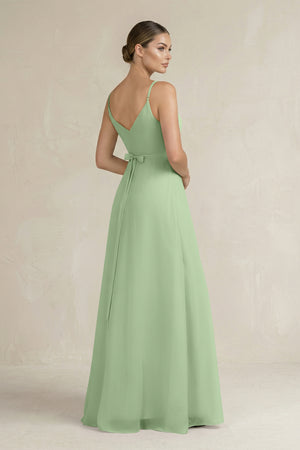 Matcha Ruched A-Line Chiffon Bridesmaid Dress with Slit (2) | KISSBRIDAL