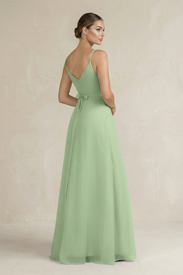 Matcha Ruched A-Line Chiffon Bridesmaid Dress with Slit (2) | KISSBRIDAL