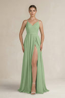 Matcha Ruched A-Line Chiffon Bridesmaid Dress with Slit | KISSBRIDAL
