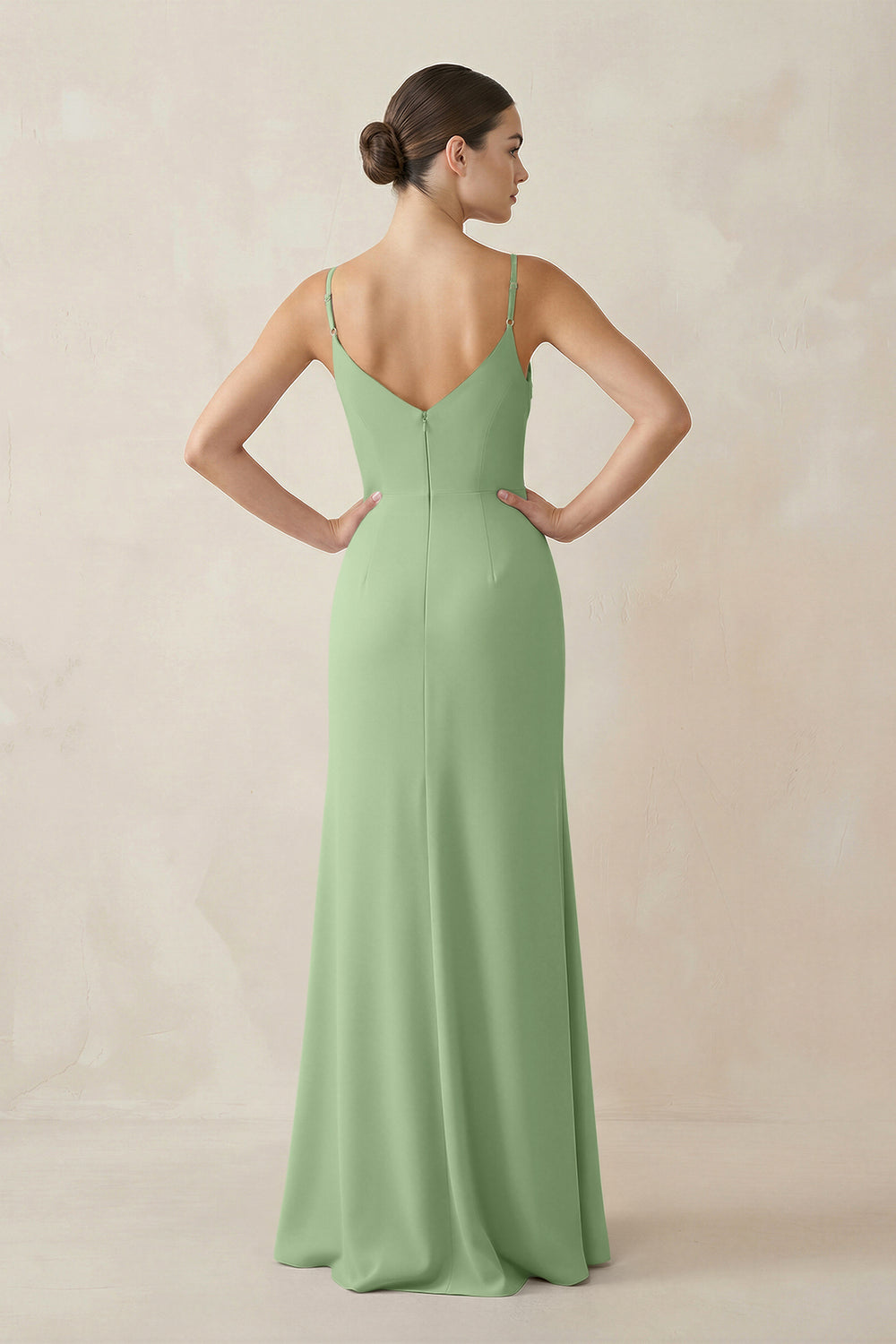 Ruched Sheath Spaghetti Strap Chiffon Bridesmaid Dress in Matcha