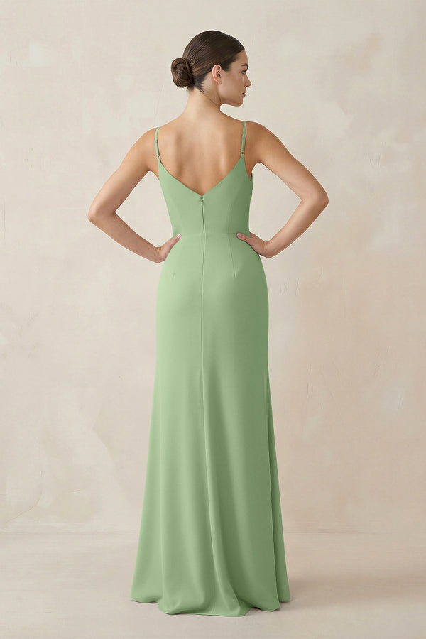Matcha Ruched Sheath Spaghetti Strap Chiffon Bridesmaid Dress (2) | KISSBRIDAL