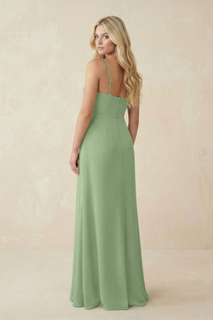Matcha Ruched Sheath Spaghetti Strap Chiffon Bridesmaid Dress (2) | KISSBRIDAL
