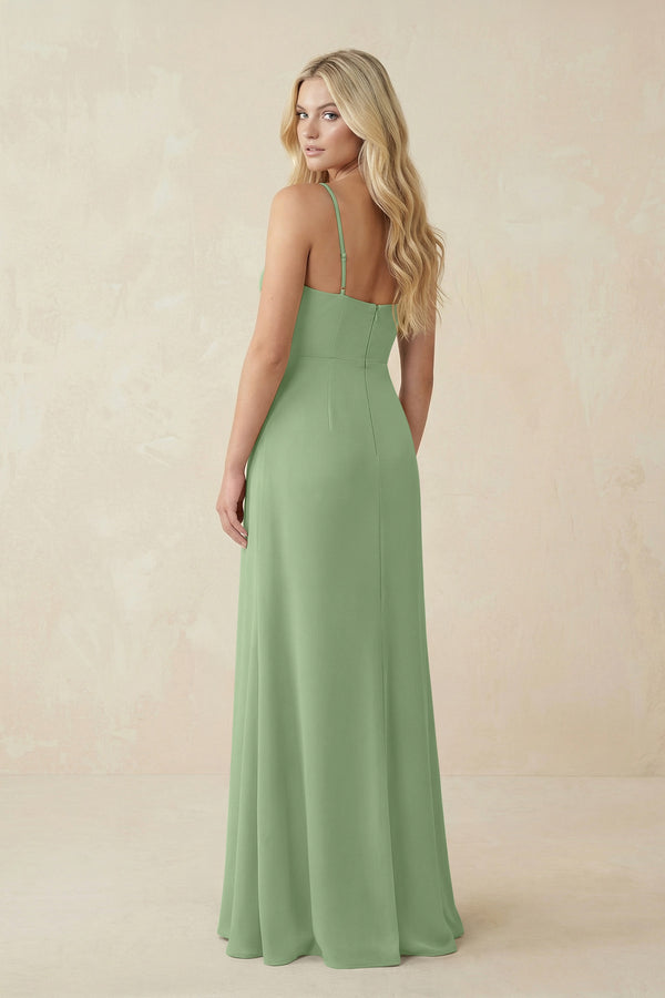 Matcha Ruched Sheath Spaghetti Strap Chiffon Bridesmaid Dress (2) | KISSBRIDAL