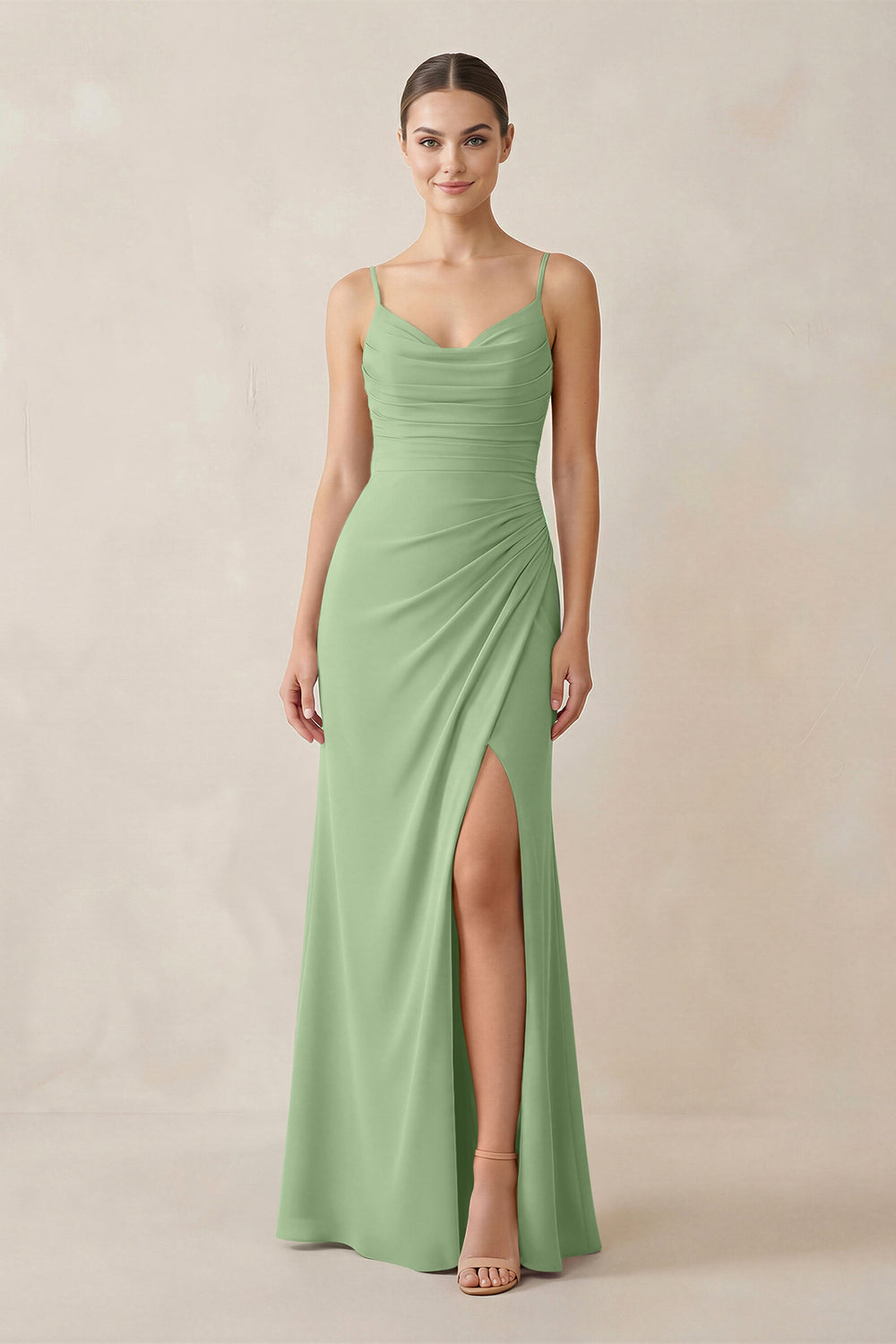 Ruched Sheath Spaghetti Strap Chiffon Bridesmaid Dress in Matcha