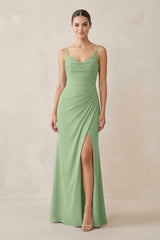 Matcha Ruched Sheath Spaghetti Strap Chiffon Bridesmaid Dress | KISSBRIDAL
