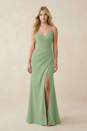Matcha Ruched Sheath Spaghetti Strap Chiffon Bridesmaid Dress | KISSBRIDAL