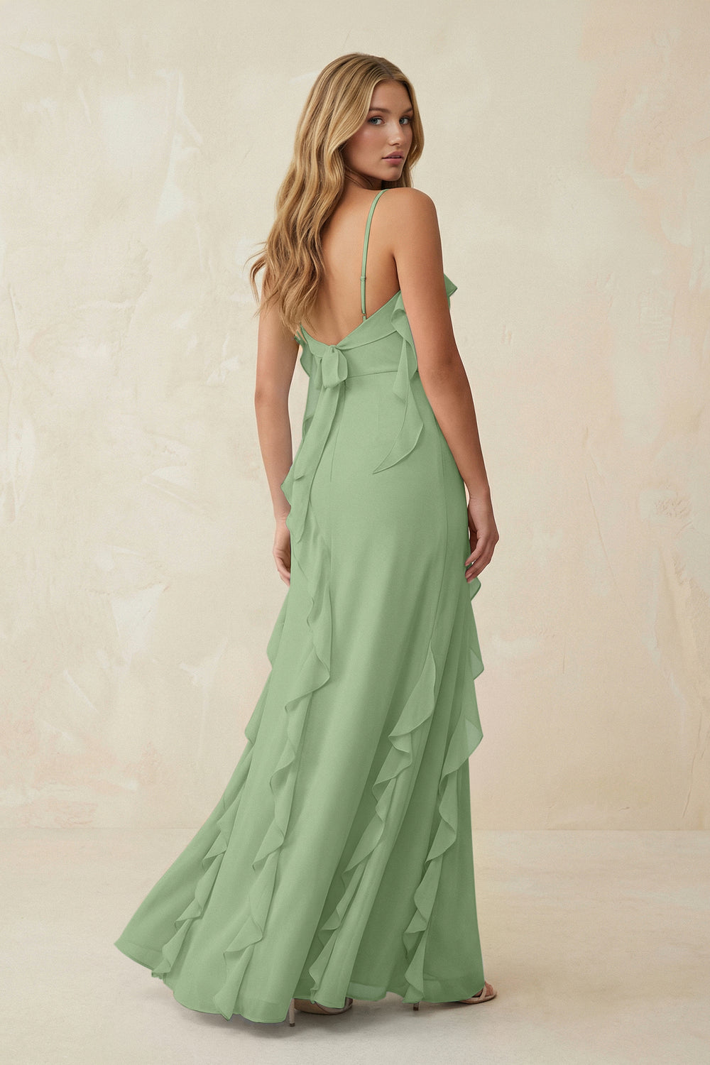Ruffled Cami Strap Chiffon Sheath Bridesmaid Dress in Matcha