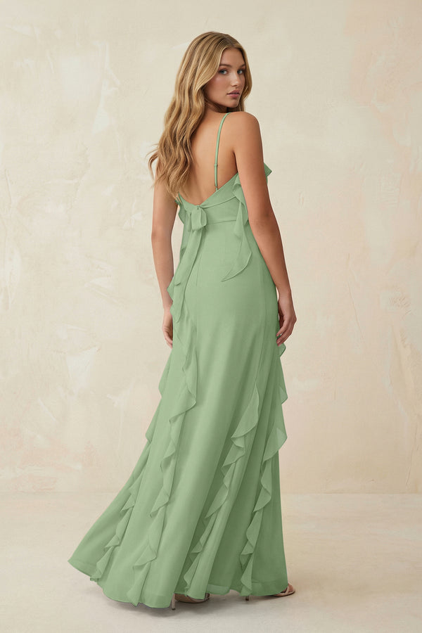 Matcha Ruffled Cami Strap Chiffon Sheath Bridesmaid Dress (2) | KISSBRIDAL
