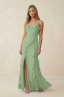 Matcha Ruffled Cami Strap Chiffon Sheath Bridesmaid Dress | KISSBRIDAL